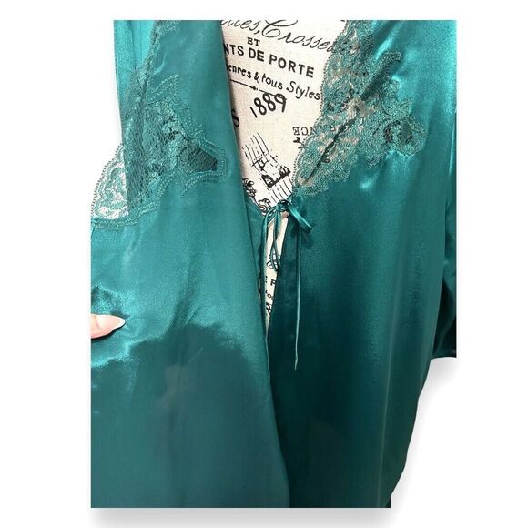 Victoria’s Secret OS Satin Kimono Robe Emerald Green Lace Trim Gold Label VTG - Picture 9 of 14